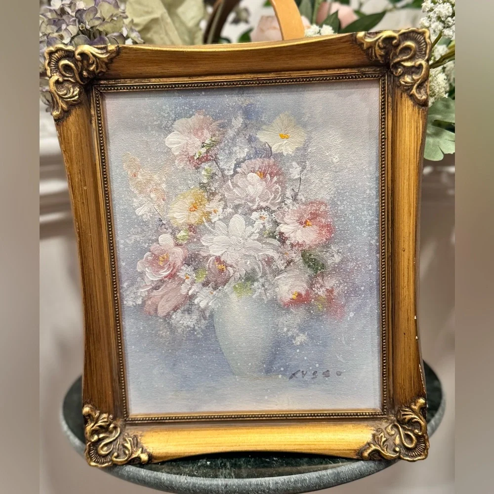 Original Oil On Board Framed Bouquet Signed RUSSO  8” x 10  Wood Frame